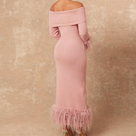 Pink Faux Fur Off Shoulder Bodycon sweater  Maxi dress - Picture 2 of 8